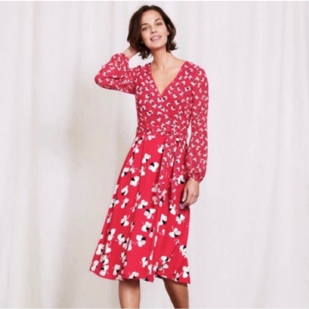 Boden Red Eden Floral Faux Wrap Dress Long Sleeves Womens 16L Knee Length